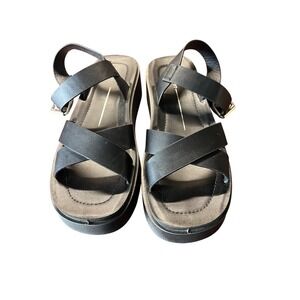 Black Leather Platform Wedge Sandals Women's Size 7 Crisscross Strap